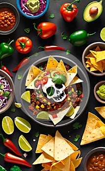 Fresh mexican food with nachos, ingredients for cooking mexican dishes with empty copy space,