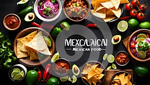 Fresh mexican food with nachos, ingredients for cooking mexican dishes with empty copy space,