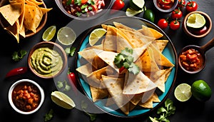 Fresh mexican food with nachos, ingredients for cooking mexican dishes with empty copy space,