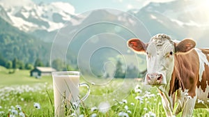 Fresh milk in alpine landscape with cow