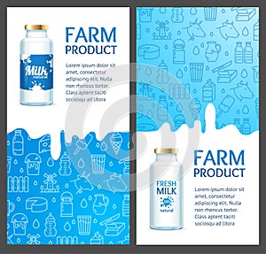Fresh Milk Banner Vertical Set with Realistic Detailed 3d and Thin Line Elements. Vector