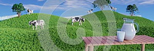 Fresh milk in clear glass and milk jug on the reflective plank floor. Bright green grassland cows are walking freely and enjoying