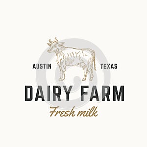 Fresh Milk Dairy Farm Abstract Vector Sign, Symbol or Logo Template. Hand Drawn Engraving Style Cow Sillhouette with