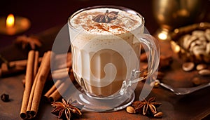 Fresh milk, dark chocolate, hot coffee, whipped cream, winter warmth generated by AI