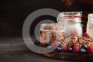 Fresh milk with delicious and freshly baked oatmel chocolate biscuits