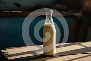 Fresh milk in glass bottle on wooden surface