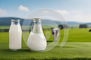 Fresh milk in a glass and in a jug on a wooden tabletop and a blurred landscape with a cow in a meadow. Healthy eating