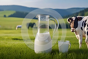 Fresh milk in a glass and in a jug on a wooden tabletop and a blurred landscape with a cow in a meadow. Healthy eating