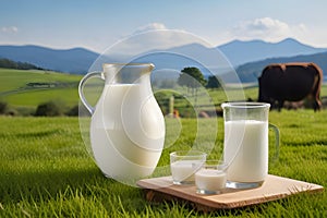 Fresh milk in a glass and in a jug on a wooden tabletop and a blurred landscape with a cow in a meadow. Healthy eating