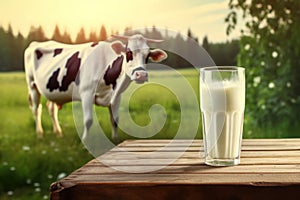 Fresh milk in glass on wooden tabletop and blurred landscape with cow on meadow. Generative AI