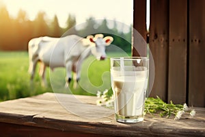 Fresh milk in glass on wooden tabletop and blurred landscape with cow on meadow. Generative AI