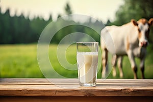 Fresh milk in glass on wooden tabletop and blurred landscape with cow on meadow. Generative AI