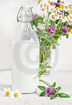 Fresh milk in old fashioned bottle and wildflowers