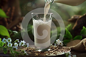 Fresh Milk Pouring into Glass Amid Nature