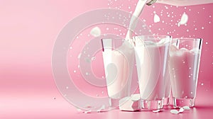 Fresh Milk Pouring Into Glasses with Splashes on Pink Background. World Milk Day