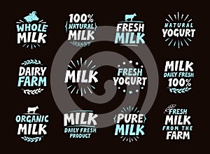Fresh milk set logo, label, element. Dairy product emblem, template, symbol.