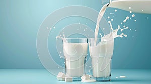Fresh Milk Splash in Glass On Blue Background. World Milk Day