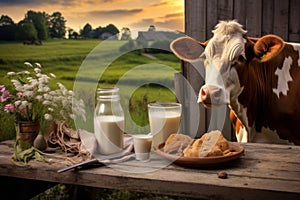 Fresh milk on a wooden table with a cow in a meadow in the background. Generative AI