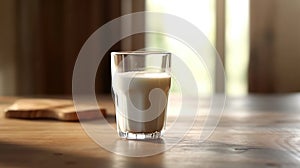 Fresh milk on wooden table over wall background. Generative Ai