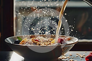 Fresh milk or yogurt pouring over a bowl of cereal flakes and berries fruits cold breakfast