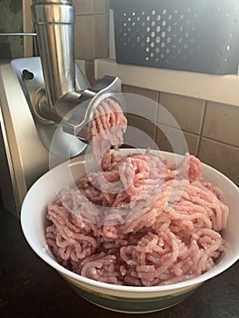 Fresh minced meat from food processor. Studio Photo