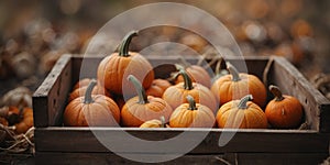 Fresh mini pumpkins in rustic wooden crate.