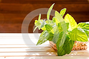 Fresh mint in bowl on wooden table. Selective focus.Mint. Bunch of Fresh green organic mint leaf on wooden background