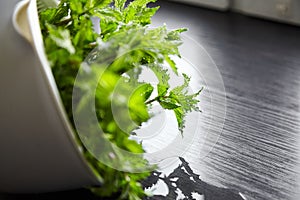 Fresh mint herb leaves in white bowl on wooden kitchen table. Green mint bunch. Cooking food with fresh mint herb ingredient