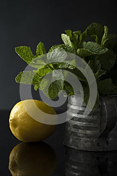 Fresh mint in iron cup and lemon