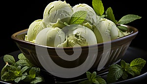 Fresh mint leaf enhances gourmet ice cream dessert generated by AI