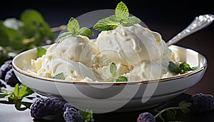 Fresh mint leaf enhances the gourmet ice cream dessert generated by AI