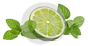 Fresh mint leaf and lime isolated on white