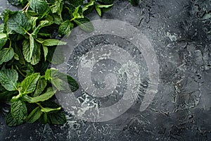 Fresh mint leaves on dark textured background with selective focus and ample copy space