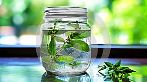 Fresh Mint Leaves in Glass Jar with Blurred Garden Background