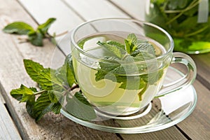 Fresh mint tea in a clear glass cup