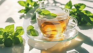 Mint tea with fresh leaves close up photo