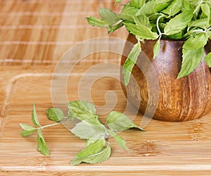 Fresh mint in a wooden brown bowl on the table