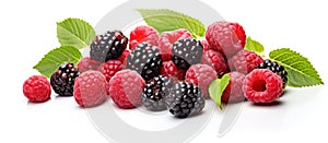 Fresh mix of raspberries, blackberries, and green leaves on white background