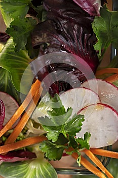Fresh mix vegetable salad on rustic brown wooden background. Organic food