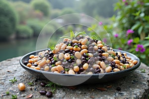 Fresh mixed beans salad with herbs outdoors