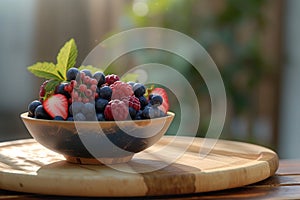 Fresh mixed berries in a bowl on a wooden table