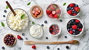 Fresh mixed berries and dairy ingredients on marble surface