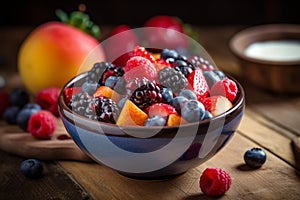 fresh mixed berries and fruit salad in bowl on top of wooden table