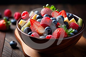 fresh mixed berries and fruit salad in bowl on top of wooden table