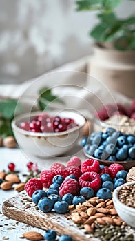 Fresh mixed berries and nuts in a rustic kitchen setting