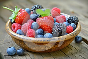 Fresh mixed berries in rustic bowl