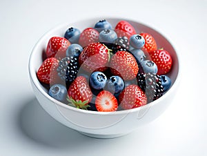 Fresh mixed berries in a white bowl on a white background