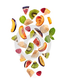 Fresh mixed fruits pieces falling, fruit salad