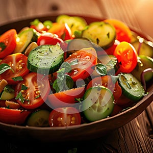 Fresh mixed tomato salad with basil, seasoned with pepper and olive oil, served in a rustic bowl