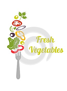 Fresh mixed vegetables on fork. Logo design vector template. Logotype concept icon.